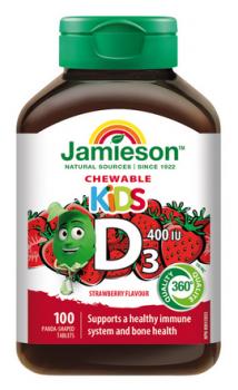 Vitamín D3 Kids 400 IU tablety na cmúľanie s príchuťou jahody 100ks Jamieson